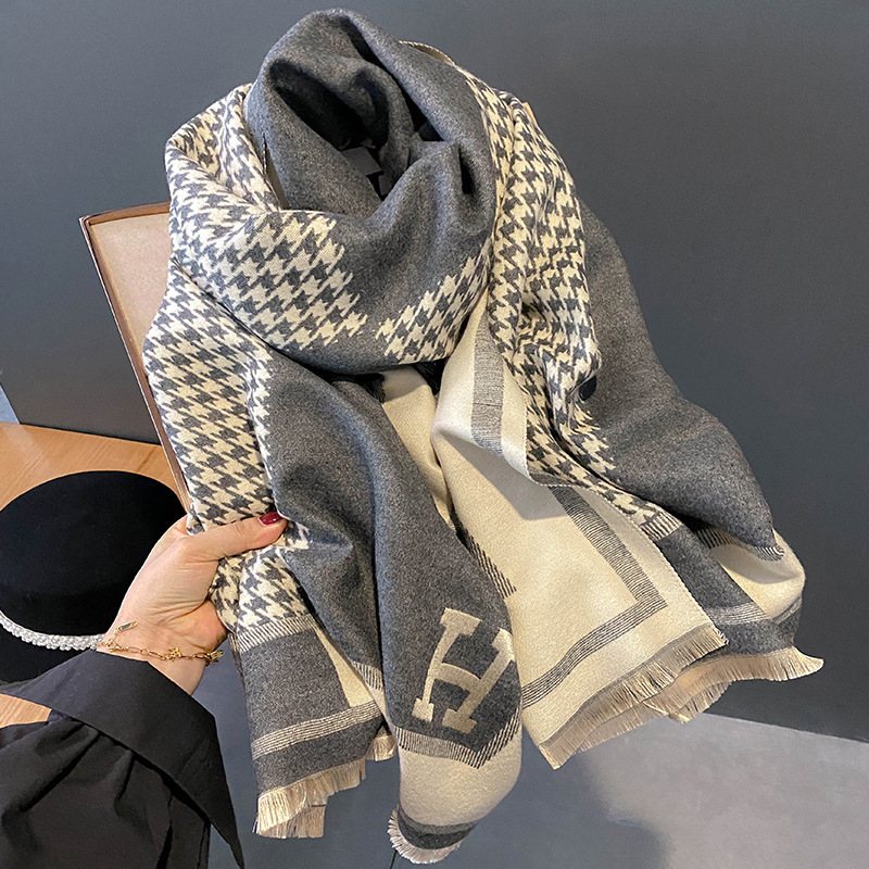 Essential Houndstooth Scarf Dam Höst Och Vinter Cashmere Sjal H Letter Varm