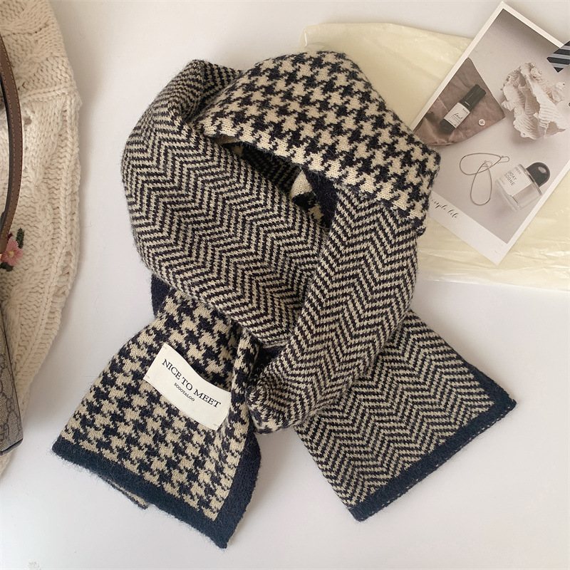 Houndstooth Scarf Kvinnlig Vinter Kashmir 2024 Nytt Studentpar Stickad Varm Halsduk Hane