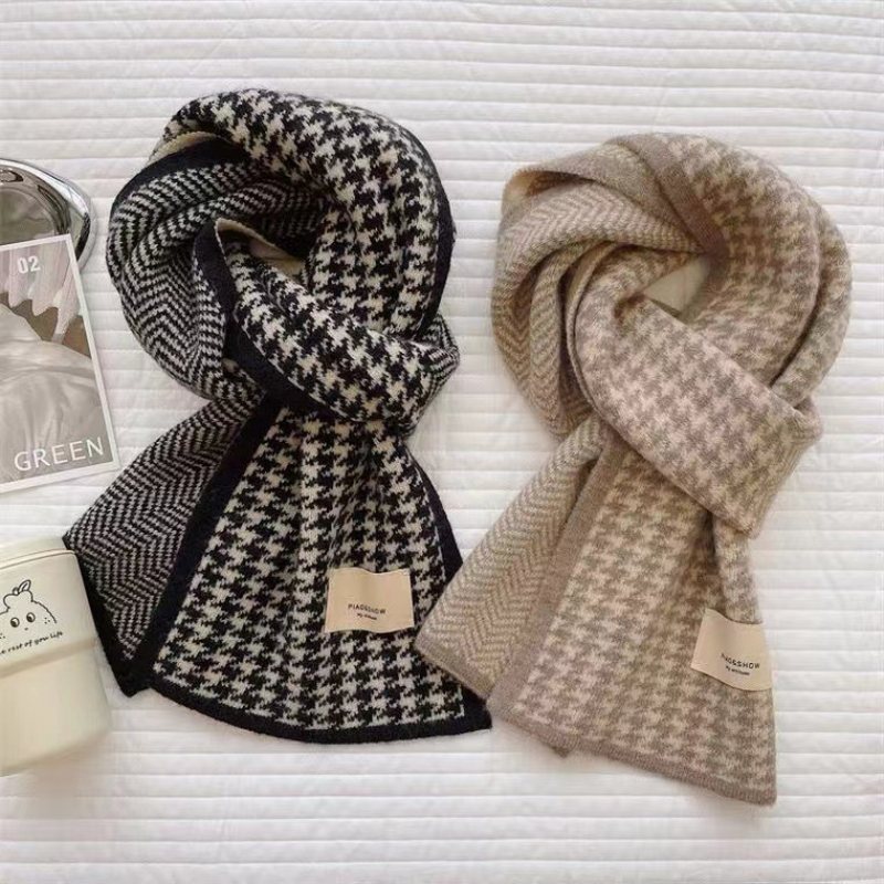 Houndstooth Scarf Kvinnlig Vinter Kashmir 2024 Nytt Studentpar Stickad Varm Halsduk Hane