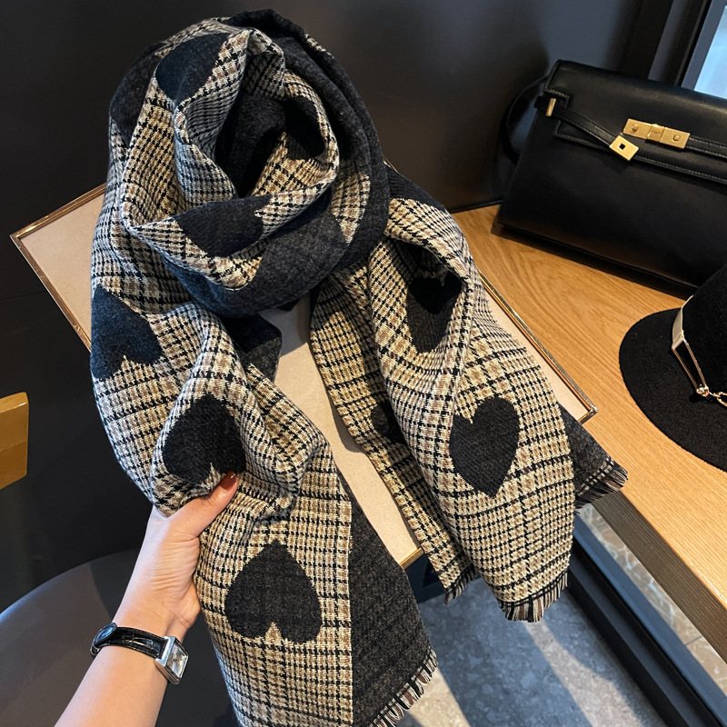 Trendig Halsduk Dam Vinter Dubbelsidig Dubbel Användning Kärlek Rutig Houndstooth Kashmir Multifunktionell Sjal Scarf Höst