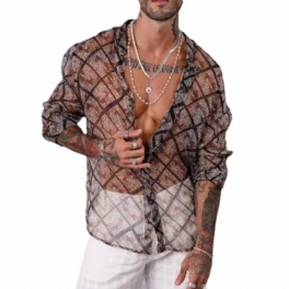 Herr Casual Mesh Tryckt Andas False Lapel Summer Slim Fit Shirt