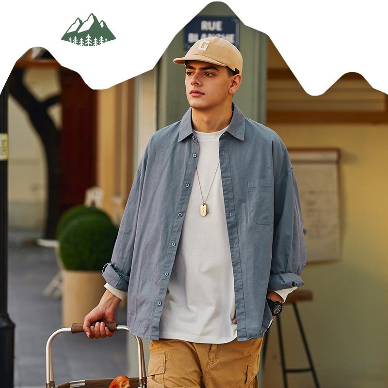 Herrskjorta Långärmad Khaki Loose Fit Enfärgad