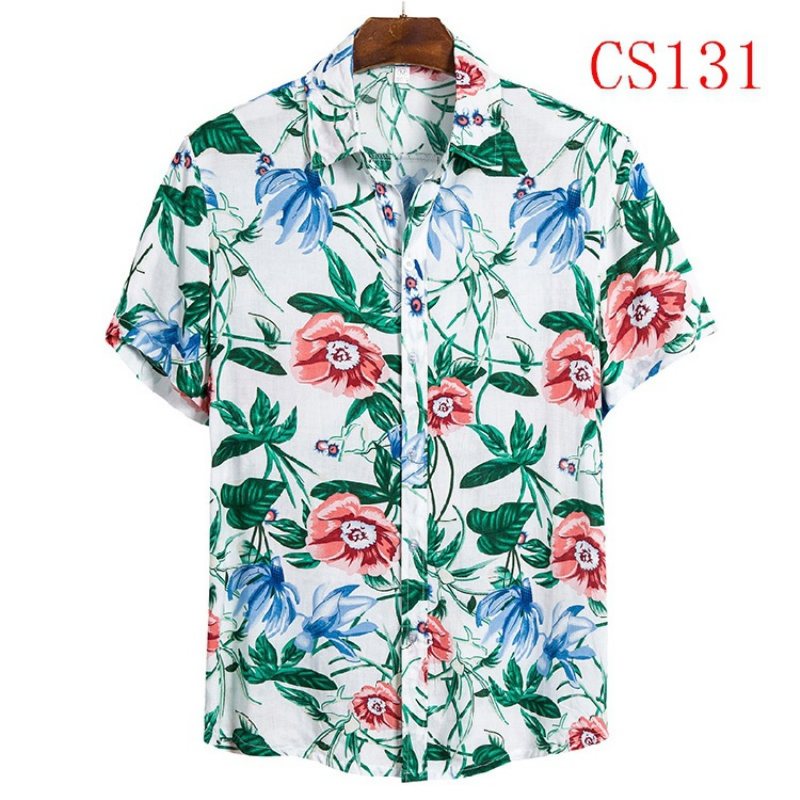 Kortärmad Herrskjorta Lapel Beach Style Skjorta Casual Blommig