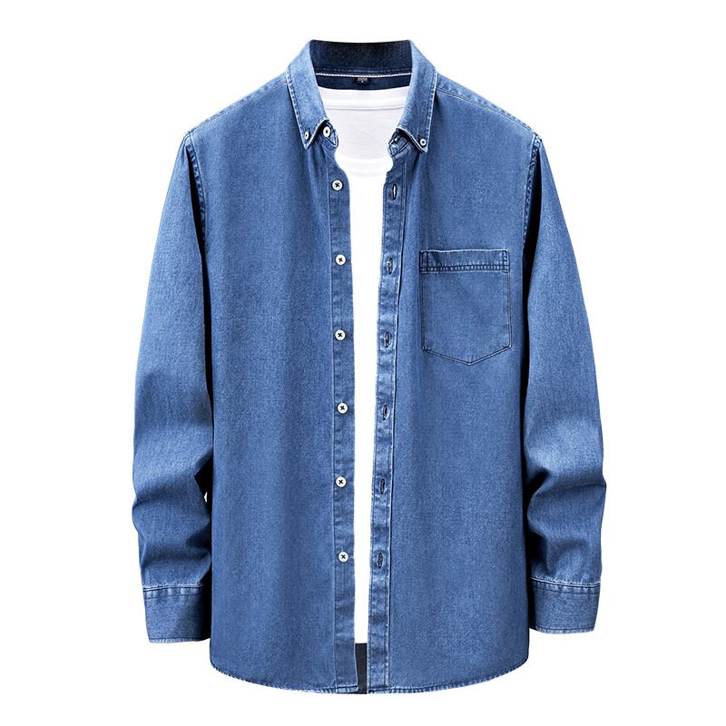 Långärmad Herrskjorta Casual Retro Inre Denimblå