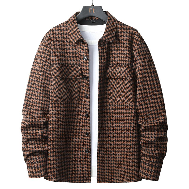 Lös Långärmad Skjorta Herr Vår Casual Trend Houndstooth Cardigan Dubbla Fickor