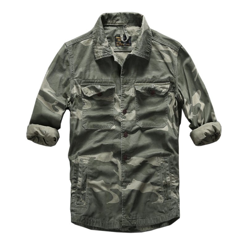 Vår Sommar Casual Långärmad Skjorta Män Camouflage Top Multi Pocket Tooling