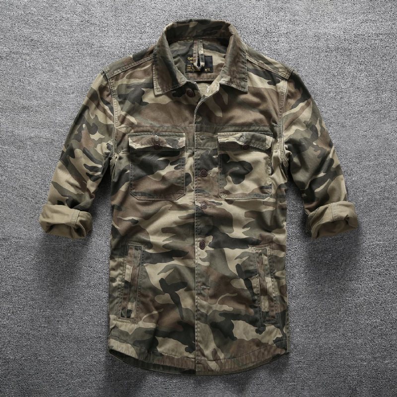 Vår Sommar Casual Långärmad Skjorta Män Camouflage Top Multi Pocket Tooling