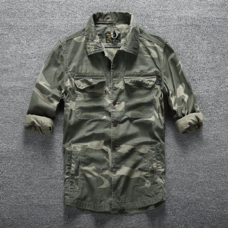 Vår Sommar Casual Långärmad Skjorta Män Camouflage Top Multi Pocket Tooling