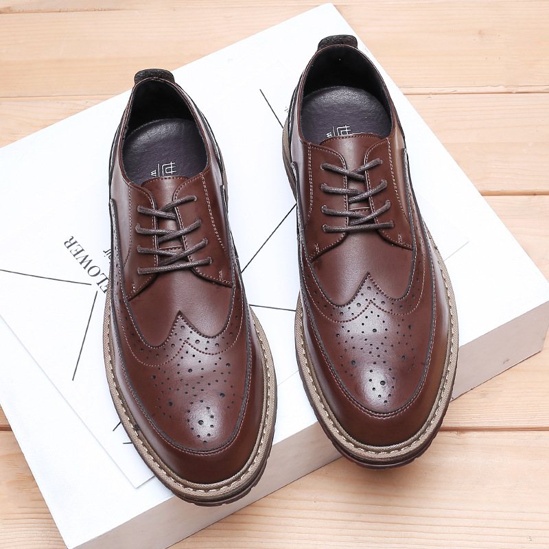 Brogue Skor Snidade Herrskor Tjock Sula Snörning Läder Svart Business Formell Casual Dress