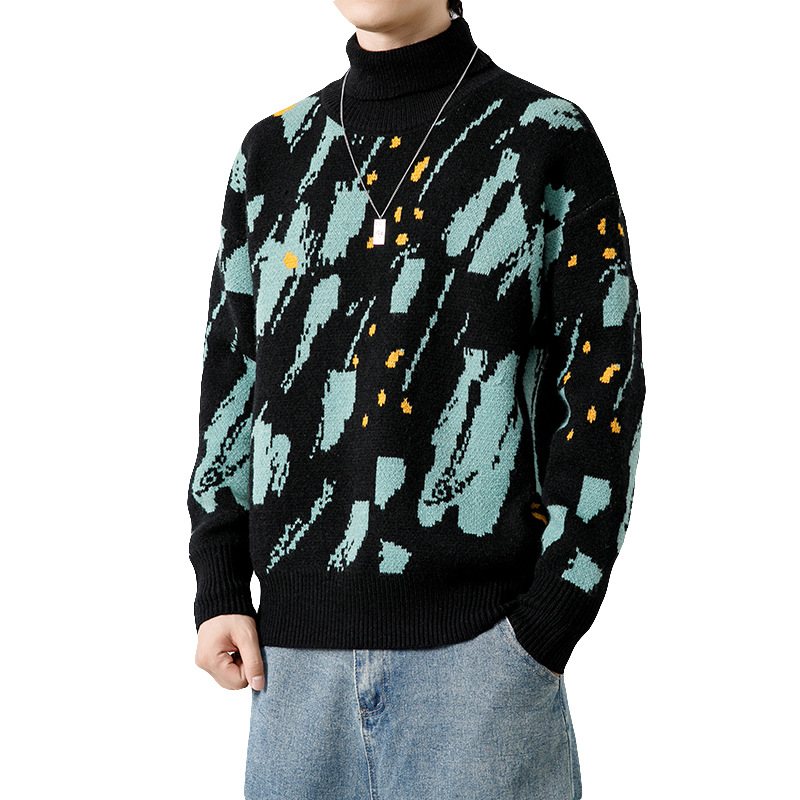 2024 Mäns Tjock Tröja Turtleneck Stickad Jacquard Casual Lös