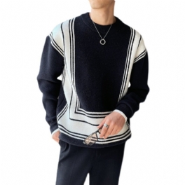 Herrtröja Geometric Line Jacquard Color Block Lös Crew Neck Stickad