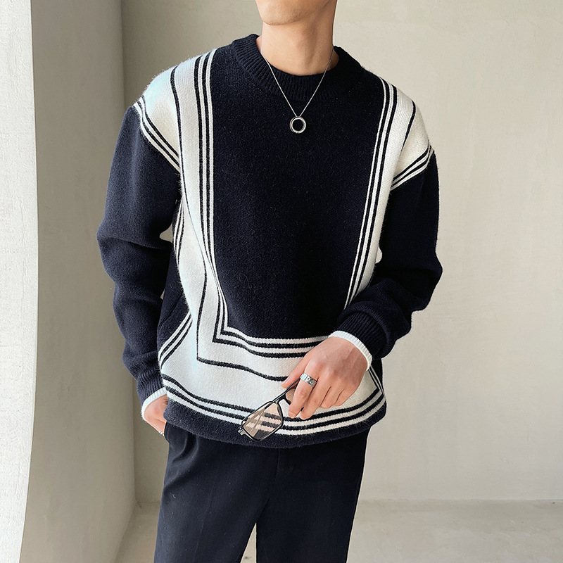 Herrtröja Geometric Line Jacquard Color Block Lös Crew Neck Stickad