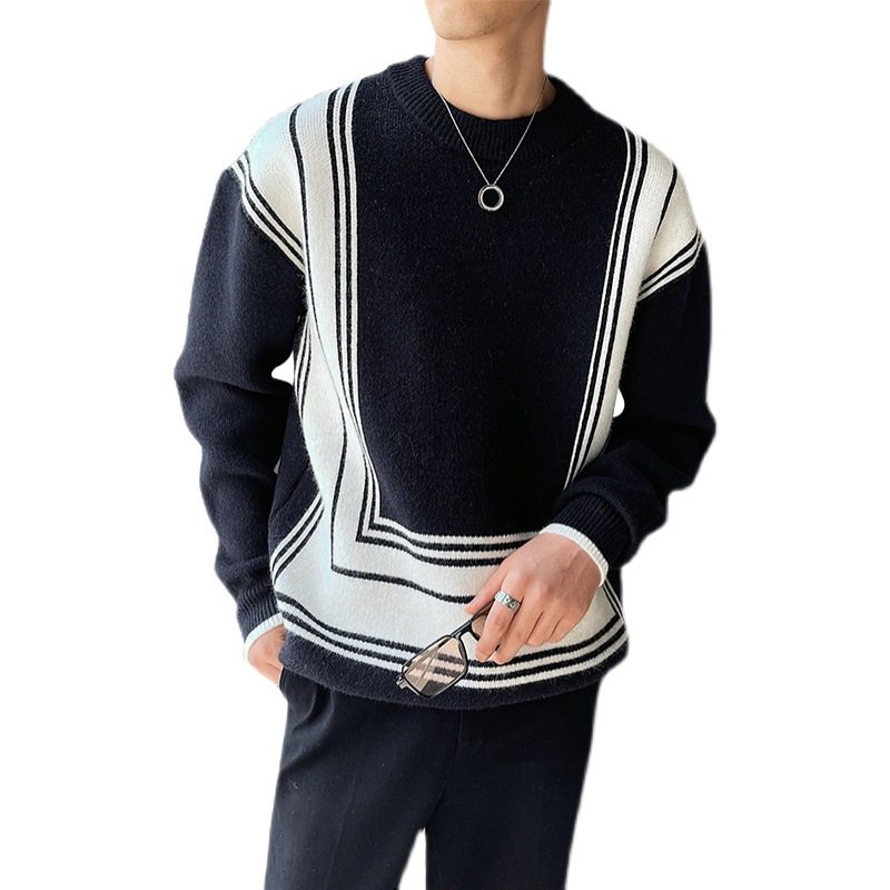 Herrtröja Geometric Line Jacquard Color Block Lös Crew Neck Stickad