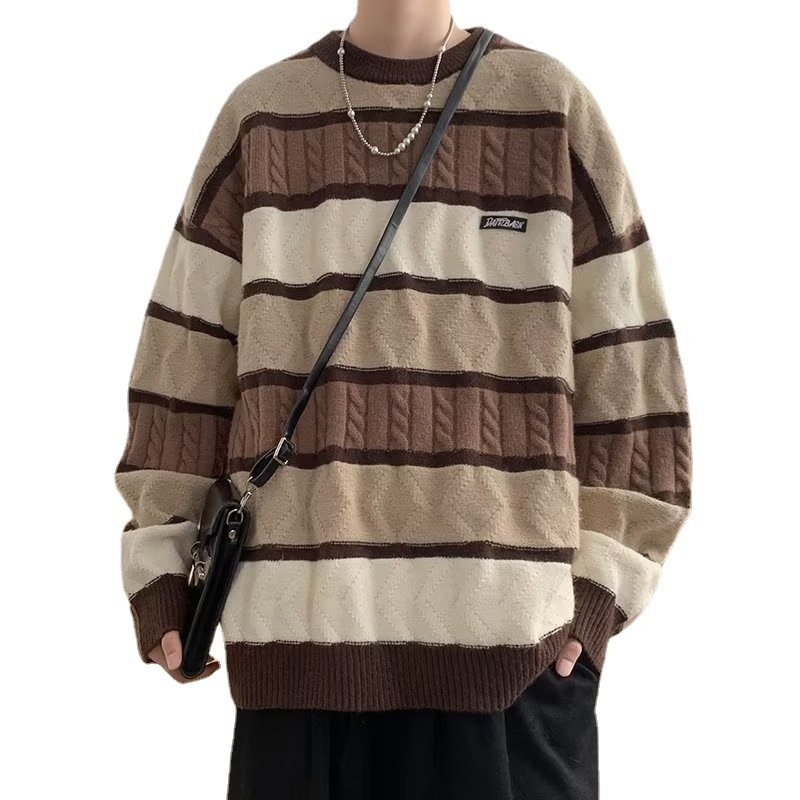 Herrtröja Geometric Line Jacquard Color Block Lös Crew Neck Stickad