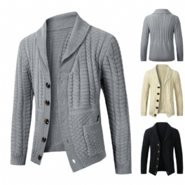 Herrtröja Twist Cardigan Lapel Collar Enfärgad Stickad Jacka