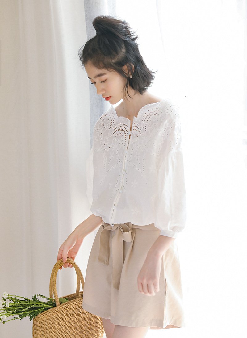 Sweet Ladies Shirt Fresh Petal One Shoulder Hollow Lace Kortärmad Skjorta