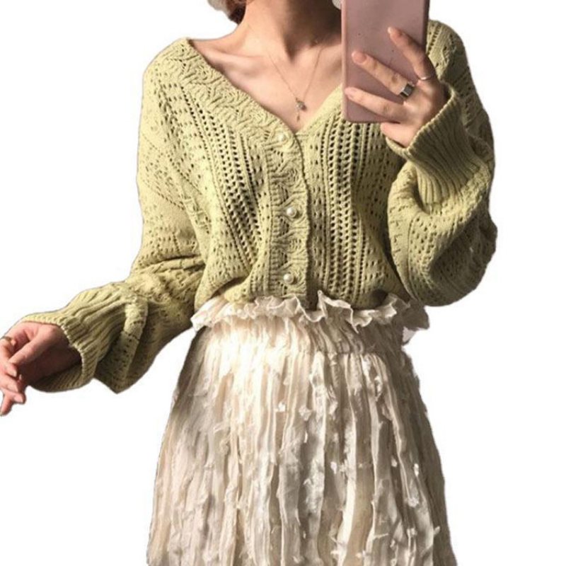 Ny Chic Retro Ihålig Ullkappa Virkad Tröja V-ringad Stickad Cardigan Dam