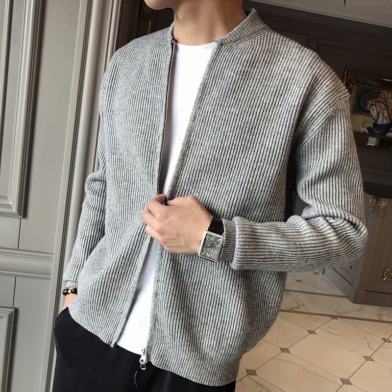 Man Dragkedja Cardigan Stickad Slim Fit Trendiga Ytterkläder Jackor