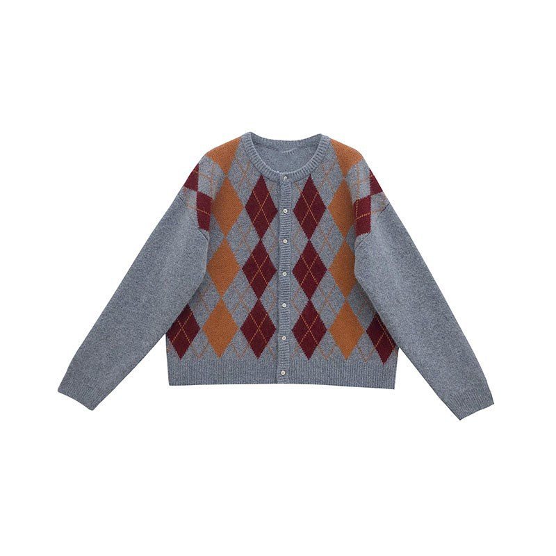 Retro Rhombus Sweater Cardigan Jacka Dam Kort Lös Stickat Trend