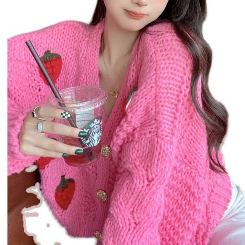 Sweet Strawberry Sweater Tjockad Cardigan Jacka Dam Lös Ull Stickad Topp