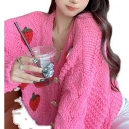 Sweet Strawberry Sweater Tjockad Cardigan Jacka Dam Lös Ull Stickad Topp