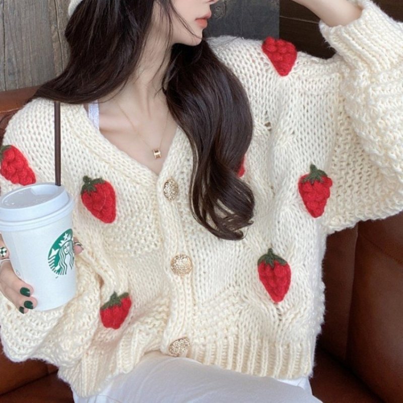 Sweet Strawberry Sweater Tjockad Cardigan Jacka Dam Lös Ull Stickad Topp