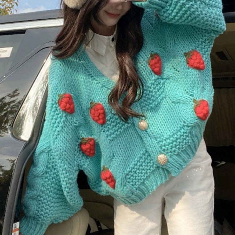 Sweet Strawberry Sweater Tjockad Cardigan Jacka Dam Lös Ull Stickad Topp