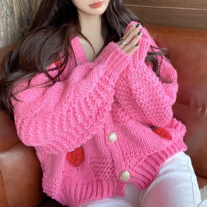 Sweet Strawberry Sweater Tjockad Cardigan Jacka Dam Lös Ull Stickad Topp