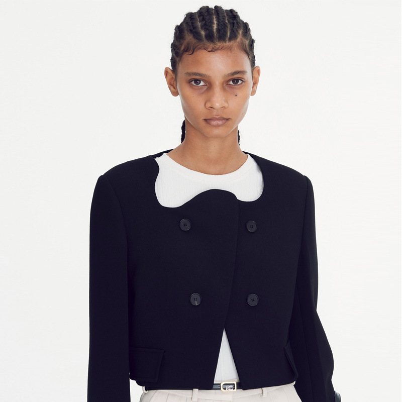 Wave Neck Cropped Blazers Coat Dam 2024 Mode Svarta Toppar