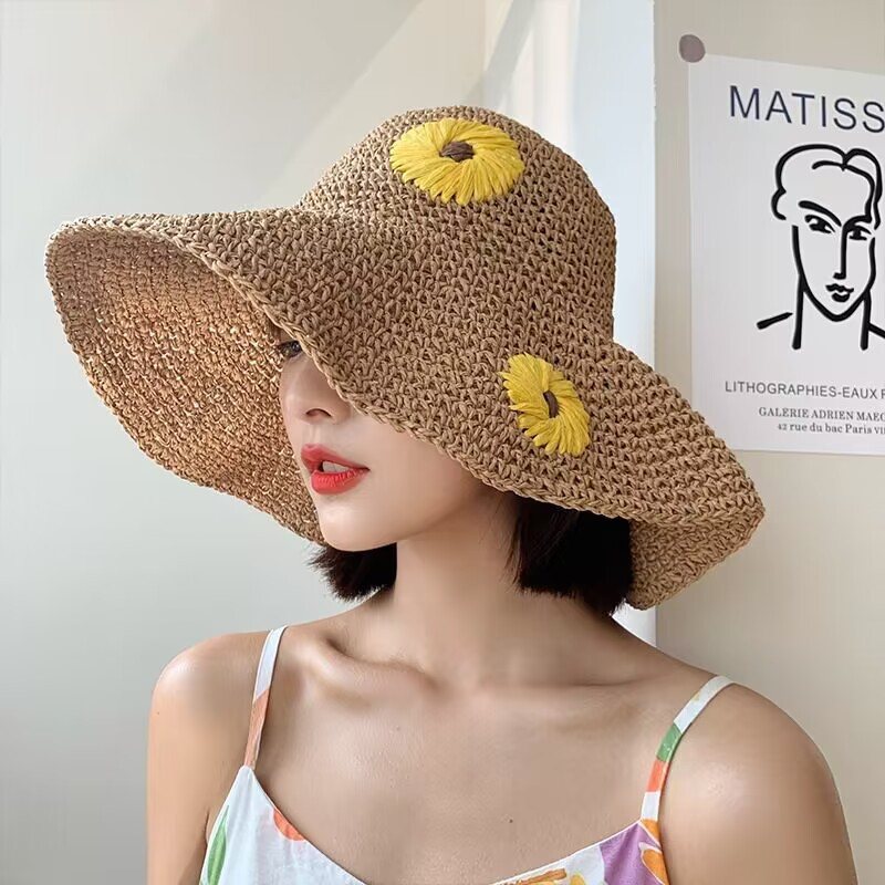 Summer Sweet Straw Hat Kvinna Vikbar Beach Hat Handbroderad Little Daisy Sun Hat