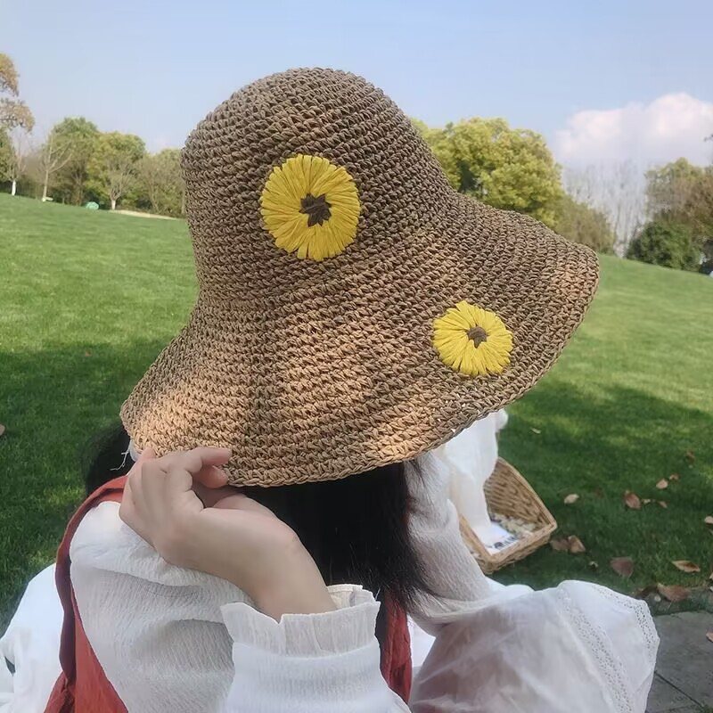 Summer Sweet Straw Hat Kvinna Vikbar Beach Hat Handbroderad Little Daisy Sun Hat