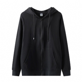 Enfärgad Dragkedja Hooded Loose Jacka Herr Cardigan Sports