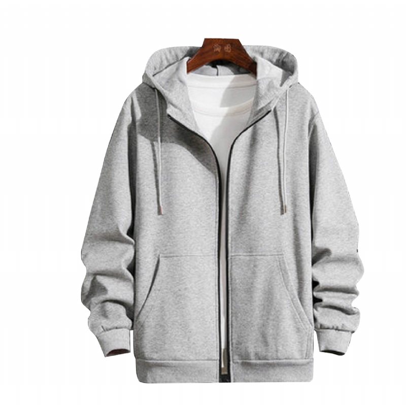 Hooded Cardigan Sweater Herr Enfärgad Dragkedja Lös Casual Top