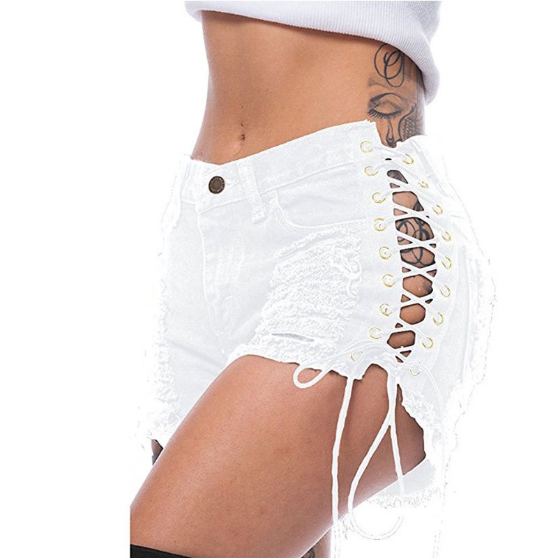 2024 Riven Sidobandage Elastiska Hot Pants Jeansshorts Dam