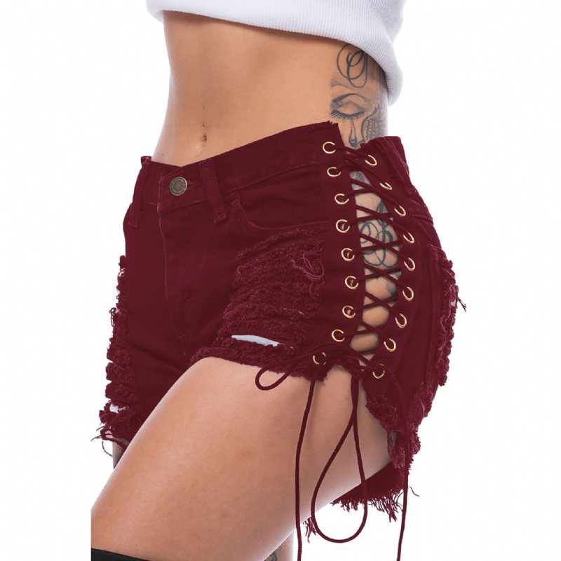 2024 Riven Sidobandage Elastiska Hot Pants Jeansshorts Dam