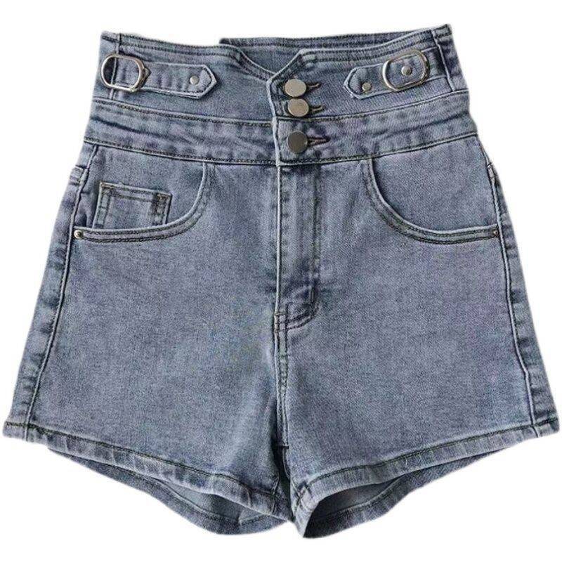 2024 Våren Och Sommaren Nya Jeansshorts Med Hög Midja Med Knappar Och Breda Ben För Kvinnor Slim-fit Elastiska A-linje Hot Pants