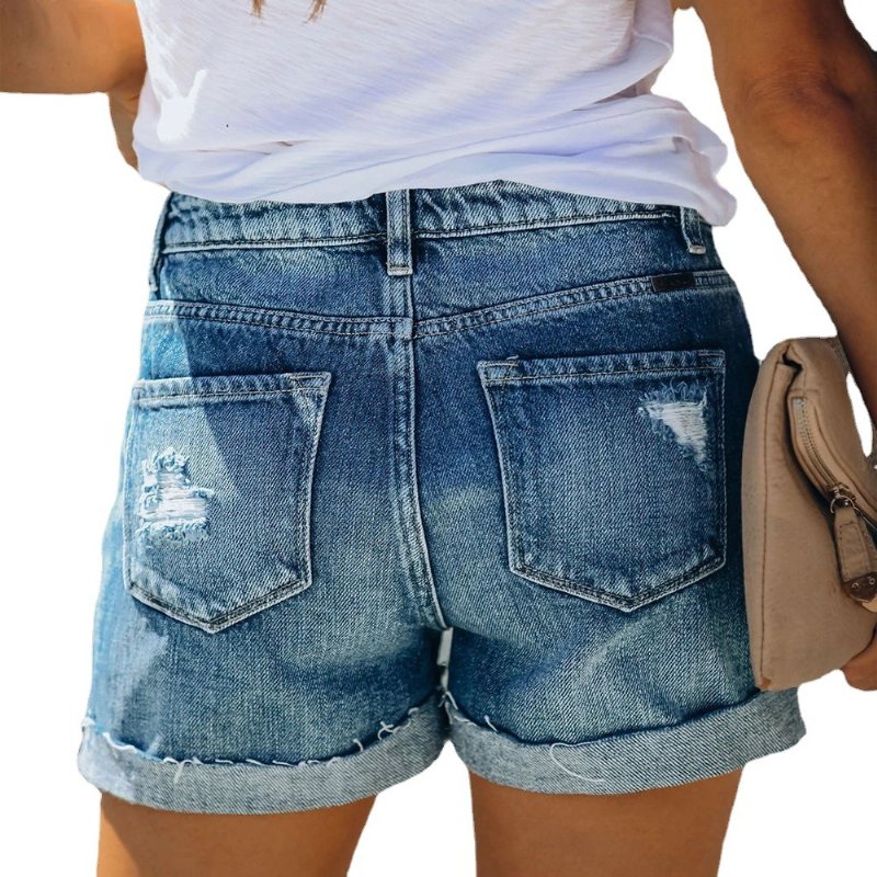 Dam Jeans Shorts Hög Midja Mode Breasted Hot Pants Ripped Populär