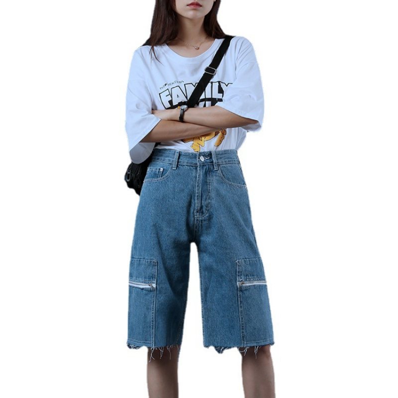 Dam Jeansshorts Lösa Ny Stil Cool Lös Rak Hög Midja