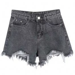 Dam Jeansshorts Svart Grå Hål Med Hög Midja Breda Ben