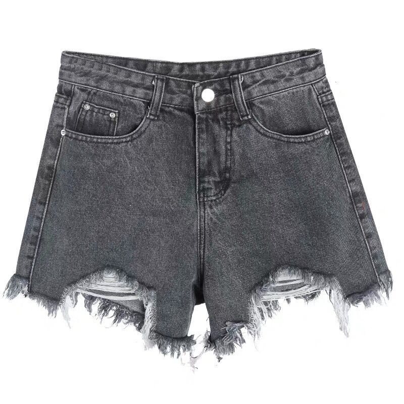 Dam Jeansshorts Svart Grå Hål Med Hög Midja Breda Ben