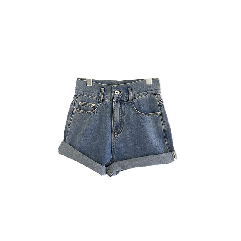 Dam Jeansshorts Tofsar Manschetter Hög Midja