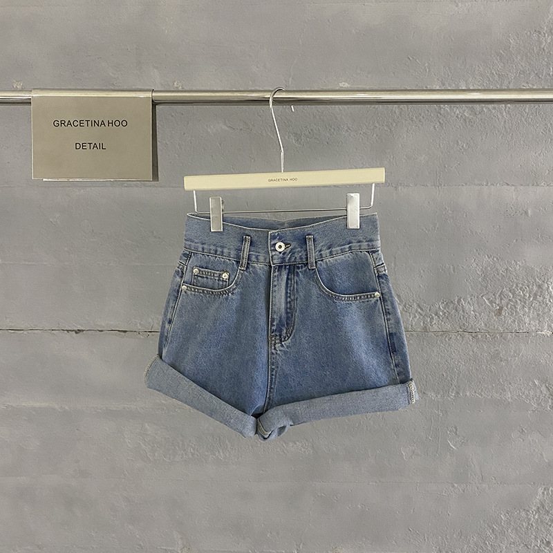 Dam Jeansshorts Tofsar Manschetter Hög Midja