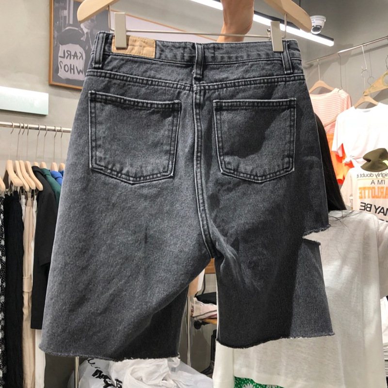 Damshorts Mellanbyxor Hög Midja Fem Punkter Hål Raka Jeans