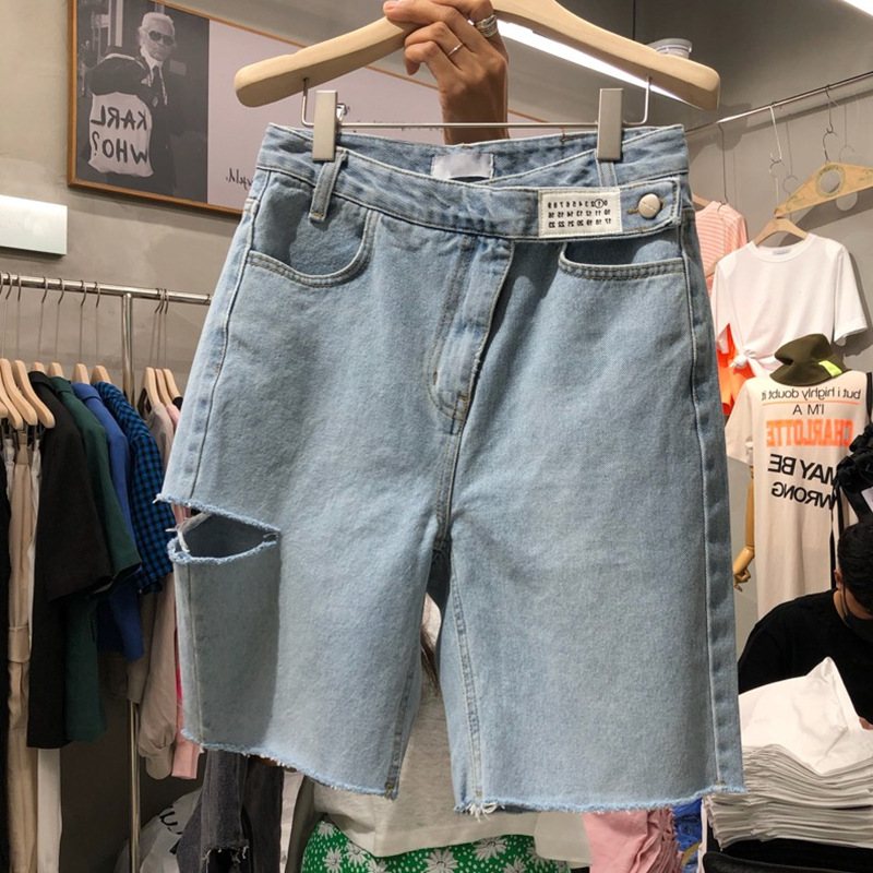 Damshorts Mellanbyxor Hög Midja Fem Punkter Hål Raka Jeans