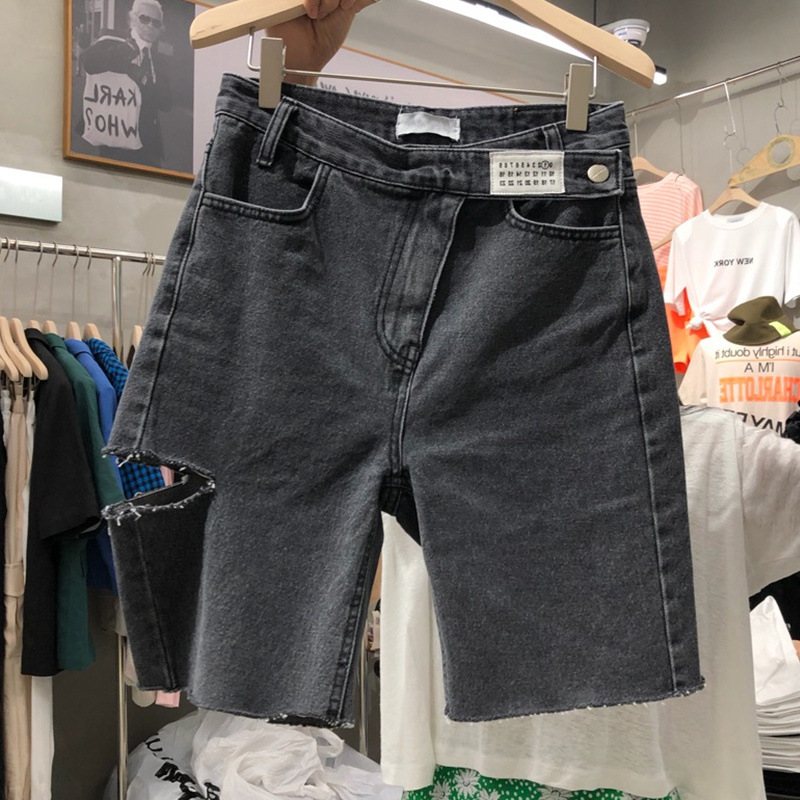 Damshorts Mellanbyxor Hög Midja Fem Punkter Hål Raka Jeans