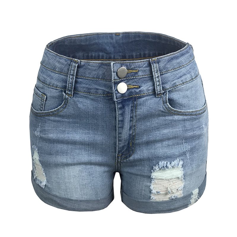 Damshorts Trendiga Hål Rullad Elastisk Denim Med Hög Midja