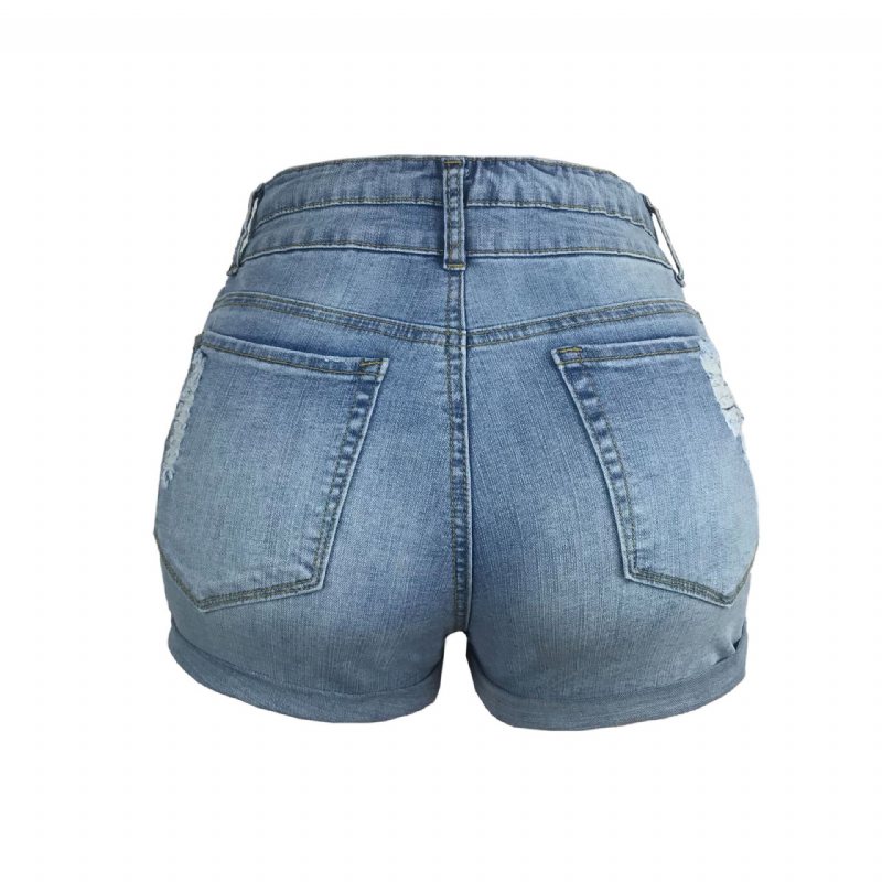 Damshorts Trendiga Hål Rullad Elastisk Denim Med Hög Midja