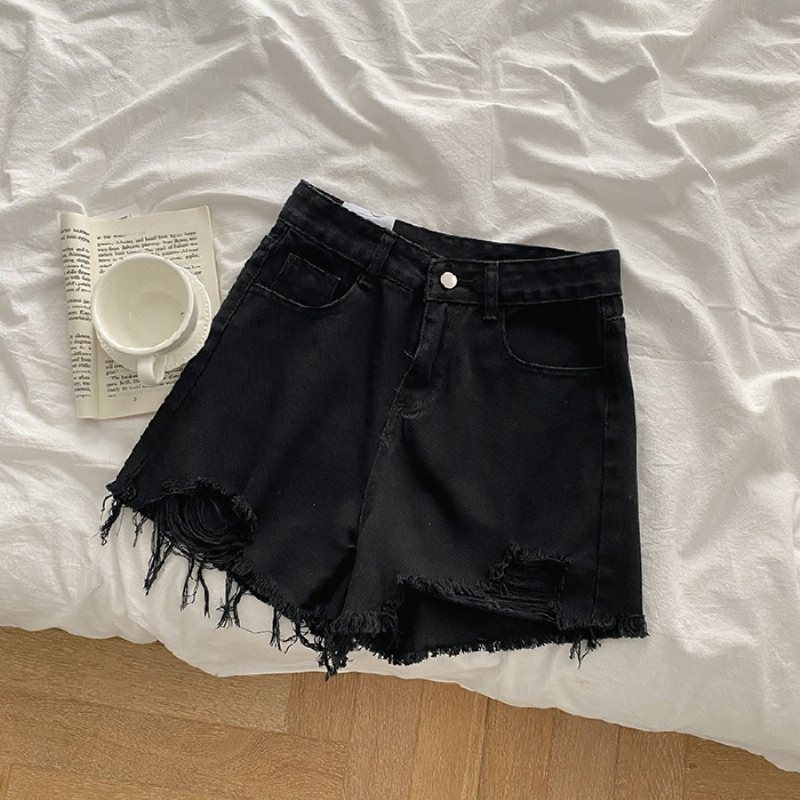 Denimshorts För Damer Med Hål Lösa Breda Ben