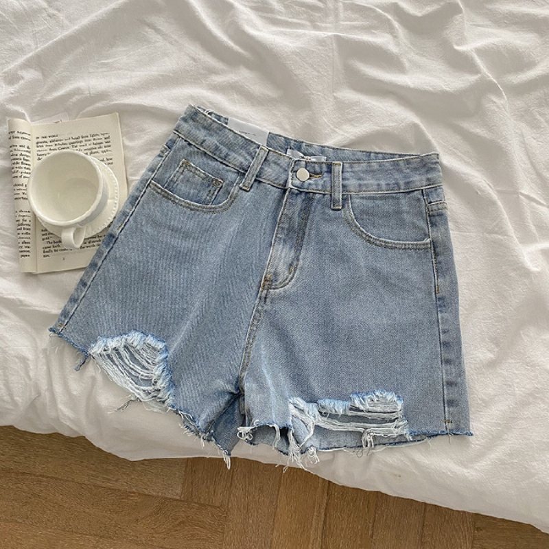 Denimshorts För Damer Med Hål Lösa Breda Ben