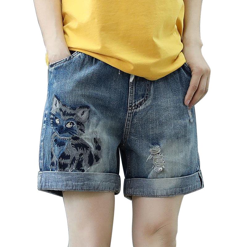 Denimshorts Med Elastisk Midja Hög Lös Rak Ledig Retrobroderi